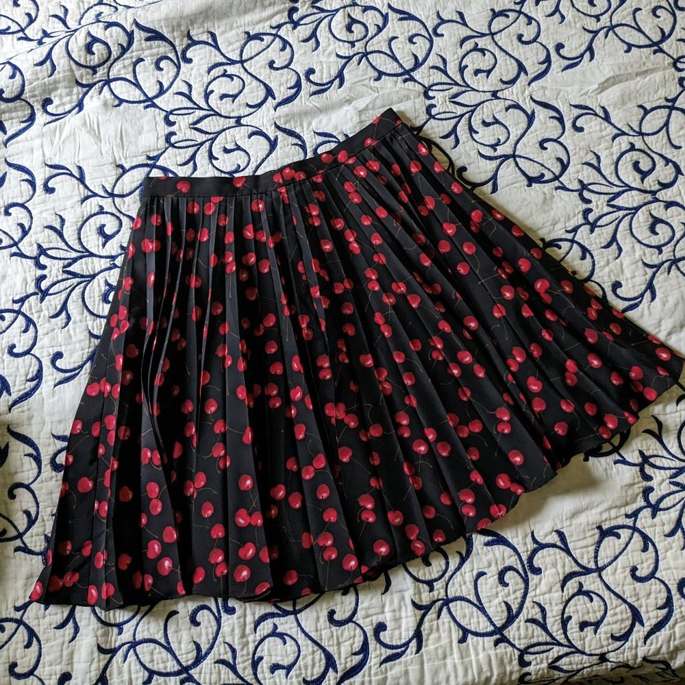 J. Crew Petite Cherry Print Black Pleated Midi Skirt